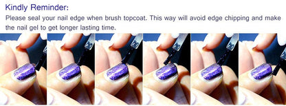 Nagelpflegeanleitung, lila Glitzernagellack, Versiegelung mit Topcoat, längere Haltbarkeit.