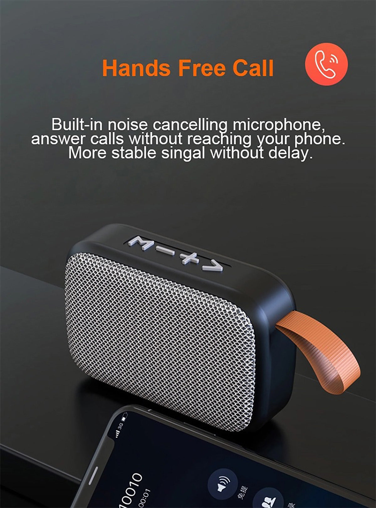 Tragbarer Bluetooth-Lautsprecher mit Freisprechfunktion, schwarz, integriertes Mikrofon.