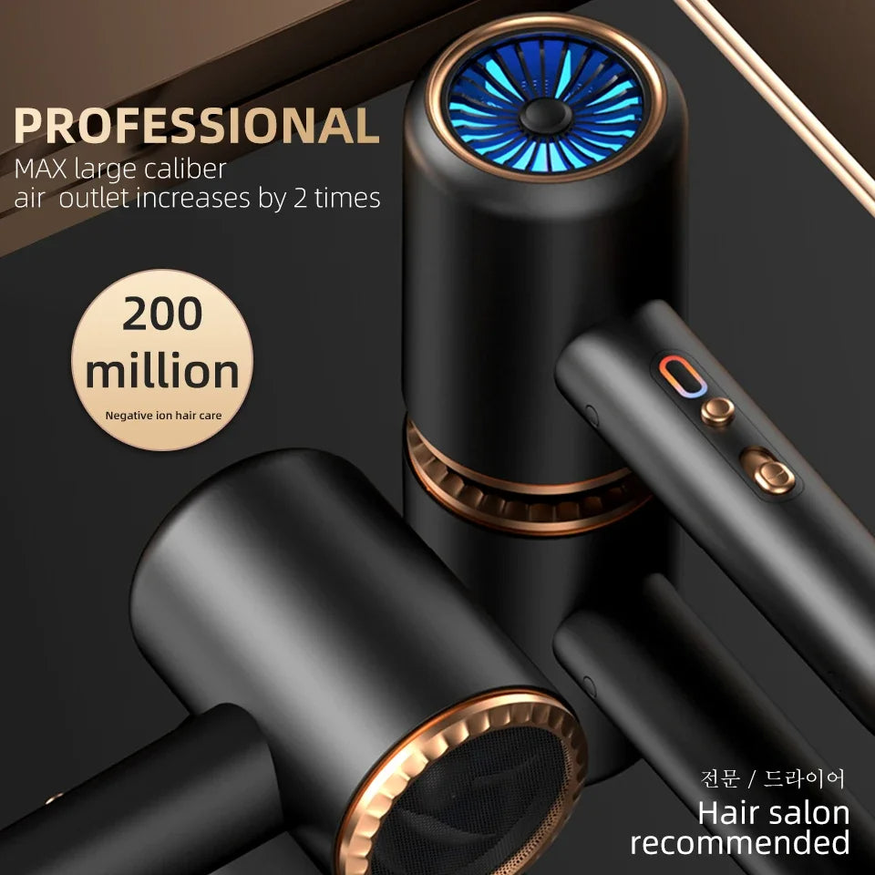 Schwarzer Haartrockner mit blauem Lüfter, professionell, negative Ionen, Friseurbedarf.
