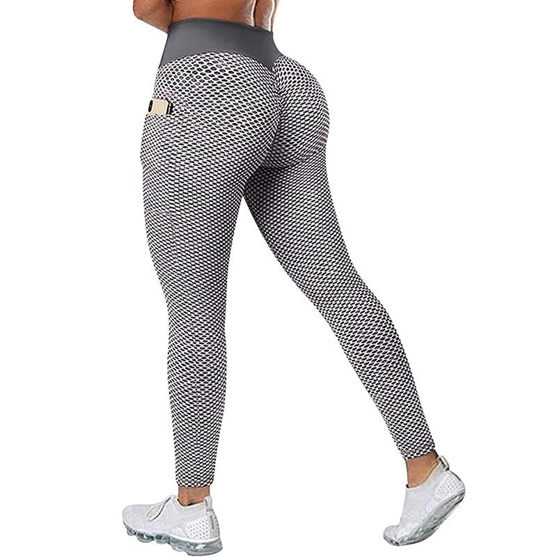 Damen Sportleggings mit Handyfach, schwarz-weiß, hoher Bund, atmungsaktiv, Fitnessmode.