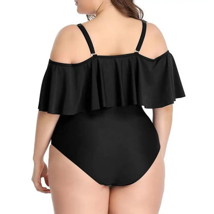Schwarzer Off-Shoulder-Badeanzug für Damen, Plus-Size, Rüschen, Sommermode.