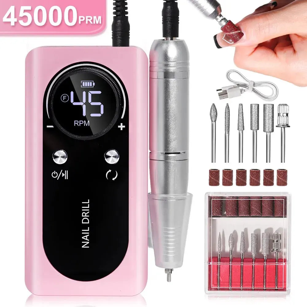 Elektrische Nagelfeile Set, rosa, 45000 U/min, Maniküre Pediküre, mit Aufsätzen und Display.