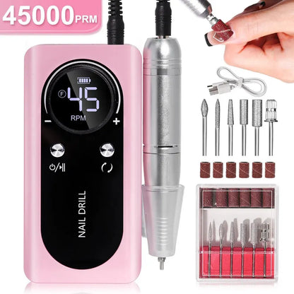Elektrische Nagelfeile Set, rosa, 45000 U/min, Maniküre Pediküre, mit Aufsätzen und Display.