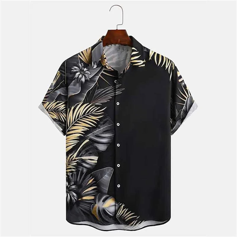 Schwarzes Hawaii-Hemd mit tropischem Blattmuster, Kurzarm, Knopfleiste, Herrenmode.