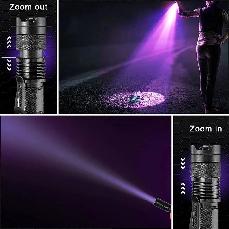 Schwarze LED-Taschenlampe mit Zoomfunktion, lila Lichtstrahl, Outdoor-Nachtgebrauch.