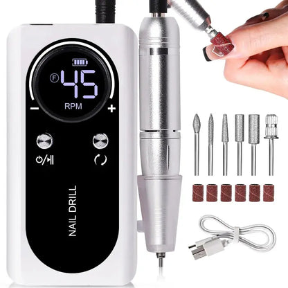 Elektrische Nagelfräse Set, weiß, mit Aufsätzen, für Maniküre und Pediküre, USB-Ladekabel.
