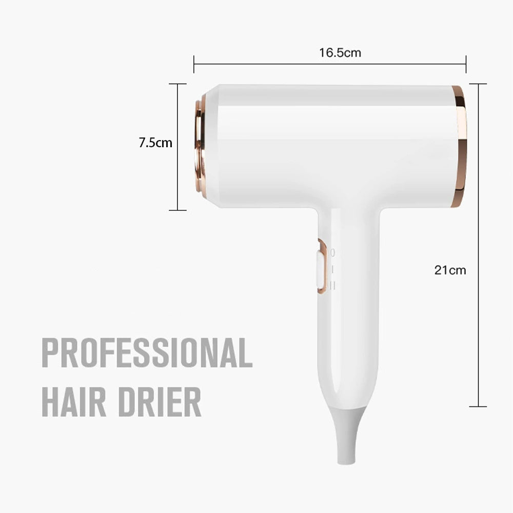 Weißer professioneller Haartrockner, kompakt, mit goldenen Akzenten, 21 cm, 16,5 cm breit.