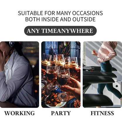 Drei Bilder: Büroarbeit, Party mit Weingläsern, Fitness auf Laufband.
