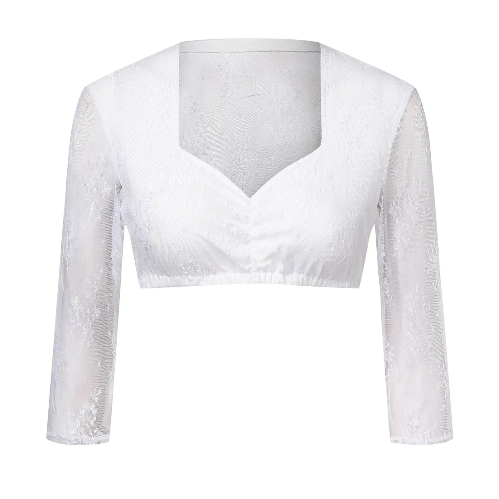 Weiße Spitzenbluse Damen, 3/4-Ärmel, quadratischer Ausschnitt, elegant, modisch.
