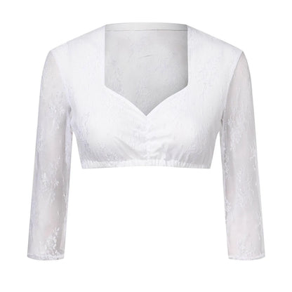 Weiße Spitzenbluse Damen, 3/4-Ärmel, quadratischer Ausschnitt, elegant, modisch.