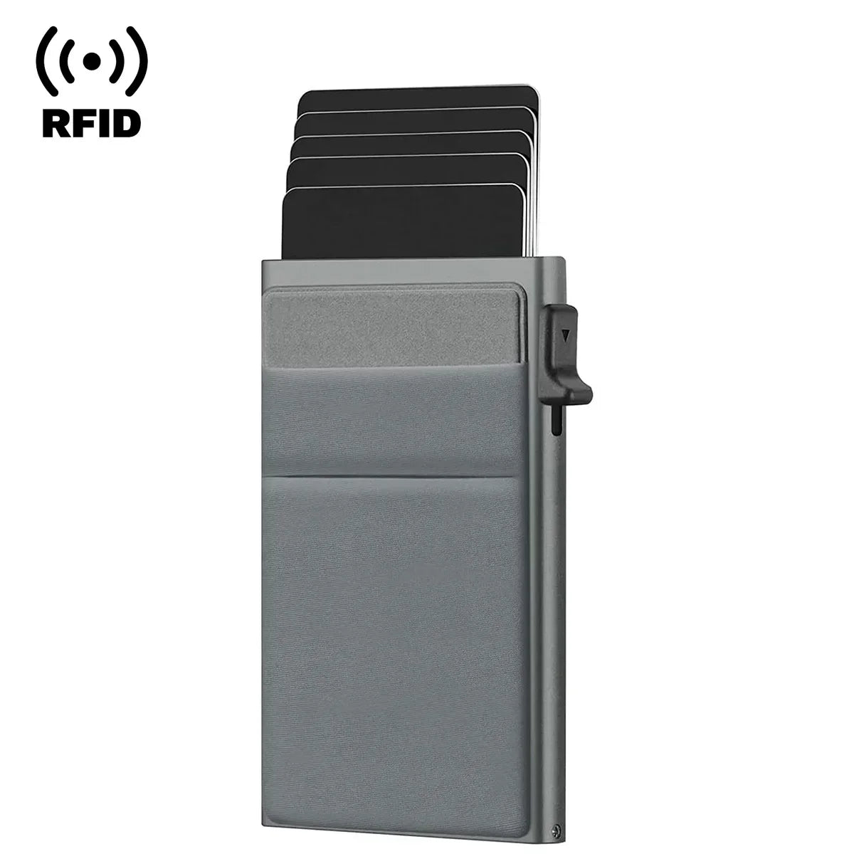 RFID-blockierende Aluminium-Kartenetui, grau, mit Kartenfächern, schlankes Design.