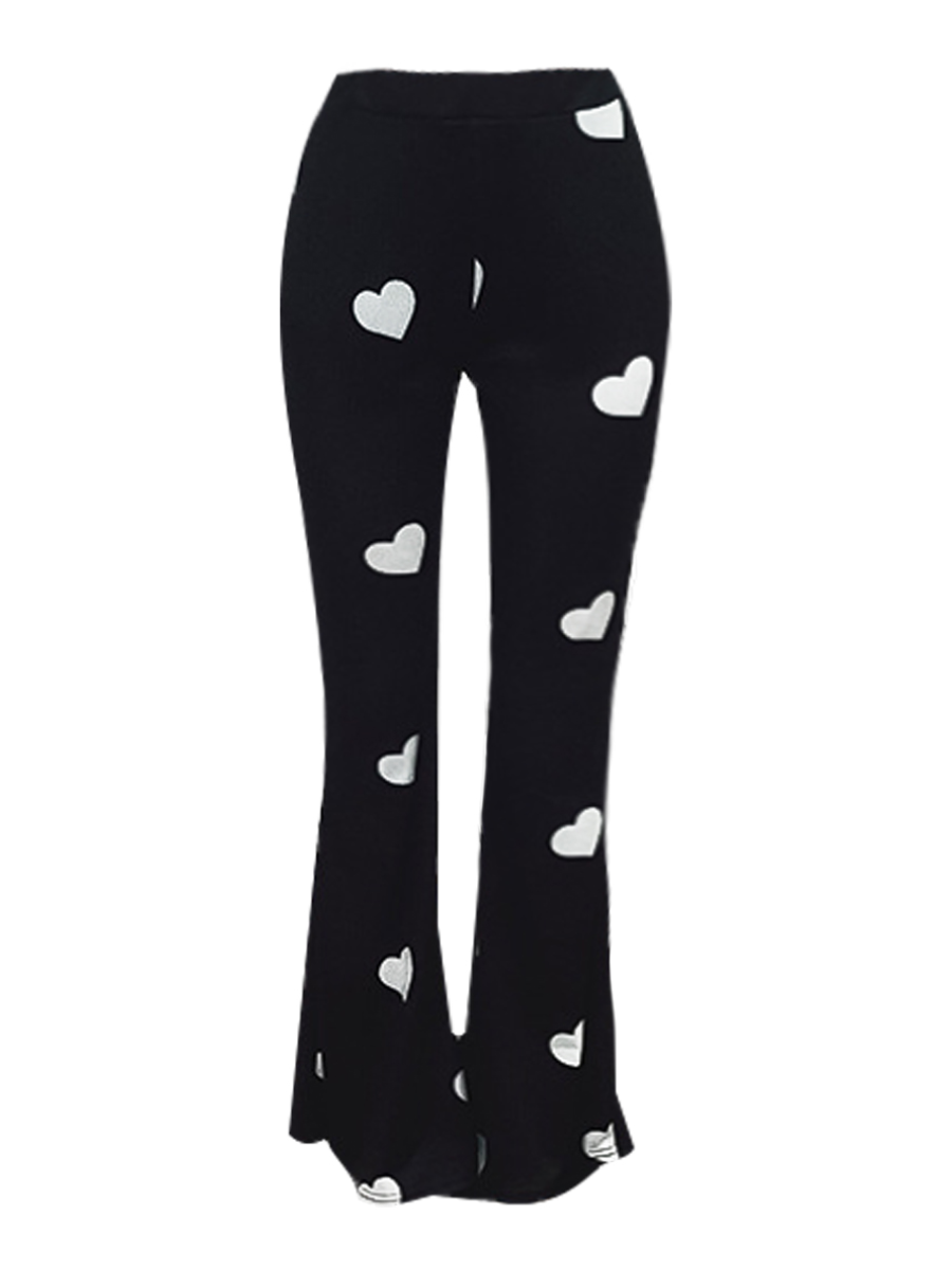 Schwarze Schlaghose mit weißen Herzmustern, Damenmode, trendige Kleidung.