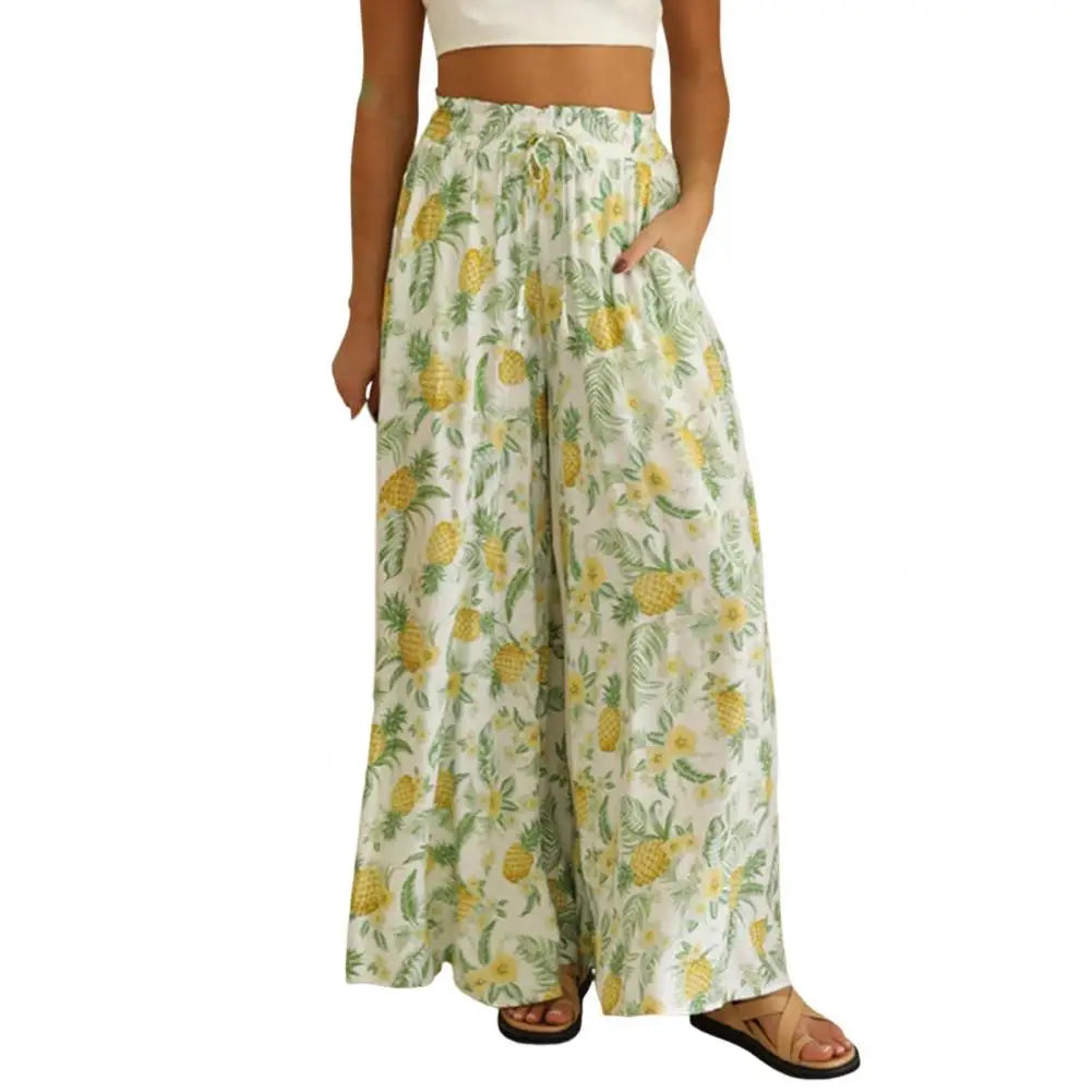 Damen Sommerhose mit Ananasmuster, weiß, locker, leicht, Strandmode, Freizeitkleidung.