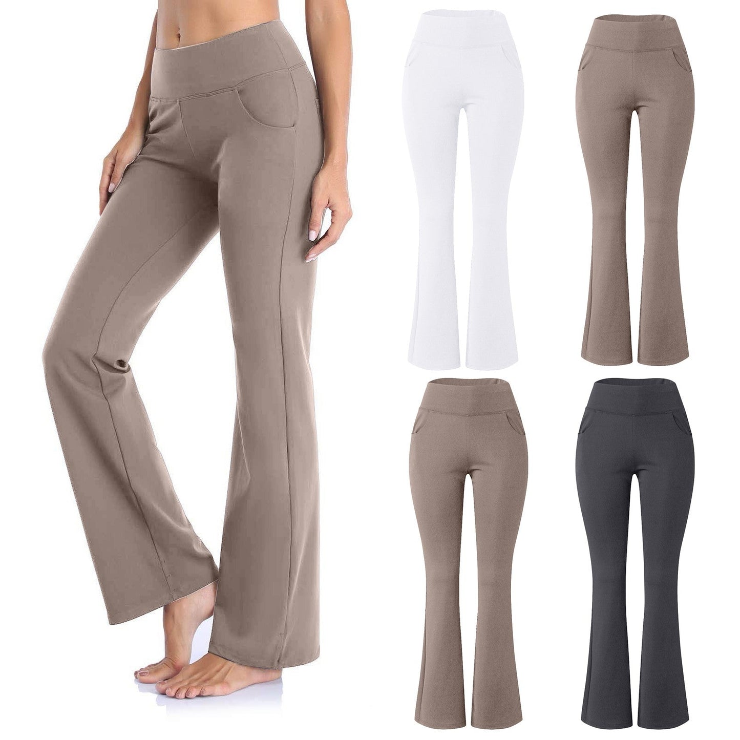Damen Yogahose, Bootcut, beige, weiß, schwarz, elastisch, bequem, Sportbekleidung, Fitness.