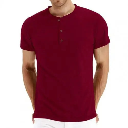 Rotes Herren-T-Shirt mit Knopfleiste, Kurzarm, Baumwolle, lässig, modisch.