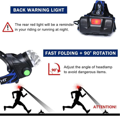 Schwarze LED-Stirnlampe mit rotem Rücklicht, 90° drehbar, ideal zum Laufen und Radfahren bei Nacht.