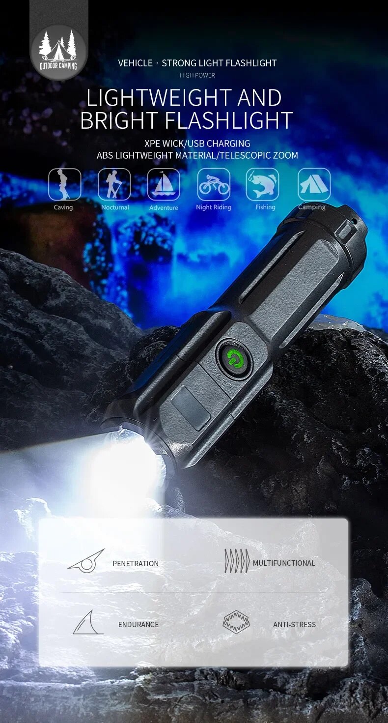 Leichte, starke Taschenlampe, USB-ladbar, teleskopisch, ideal für Camping und Outdoor-Aktivitäten.