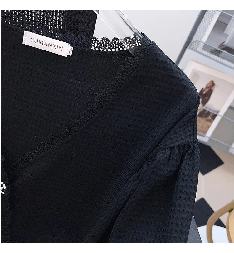 Schwarze Damenbluse aus Spitze, V-Ausschnitt, Yumanxin, elegant, modisch, hochwertig.