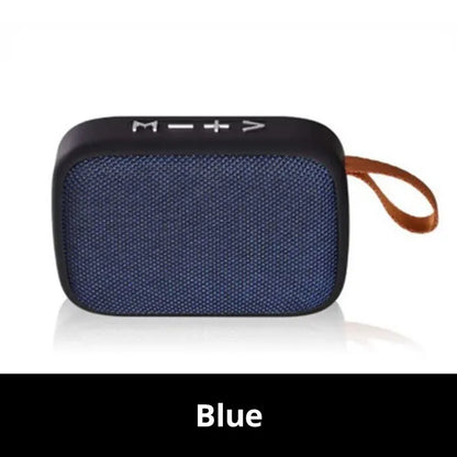 Blaue tragbare Bluetooth-Lautsprecher, rechteckig, mit Trageschlaufe, kompakt und kabellos.
