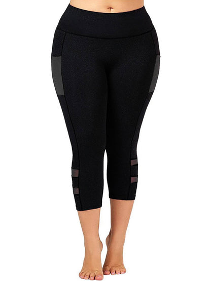 Schwarze Damen-Leggings, knielang, mit Mesh-Einsätzen, Sportbekleidung, Plus-Size.