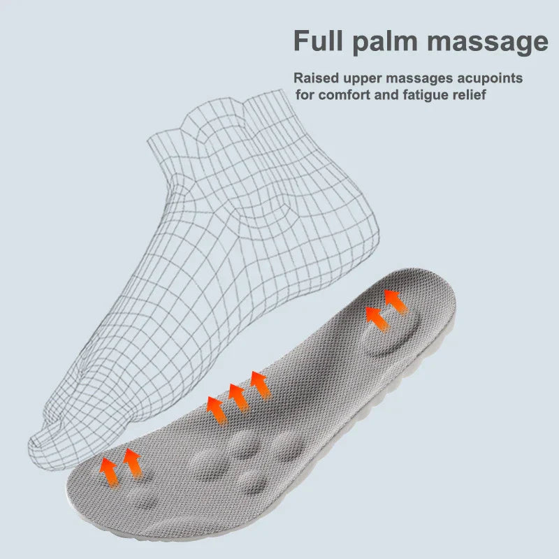 3D-Fußmodell mit grauer Massage-Einlegesohle, Akupressurpunkte, Komfort, Ermüdungslinderung.