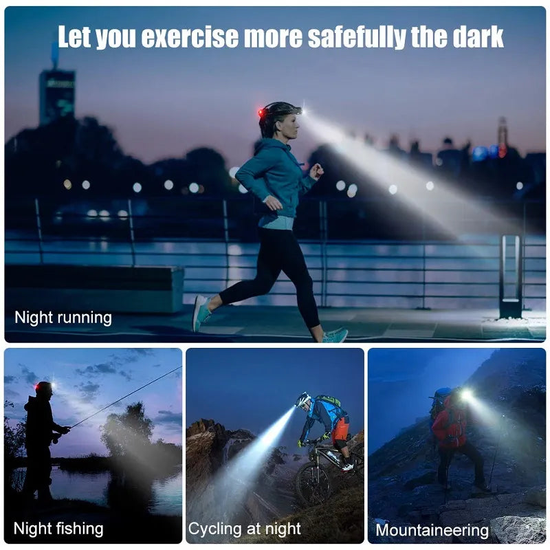 Frau beim Nachtsport mit Stirnlampe, Nachtlauf, Radfahren, Bergsteigen, Sicherheit im Dunkeln.