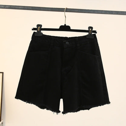 Schwarze Damen-Jeansshorts, Fransen, Knopfverschluss, lässig, Sommermode.