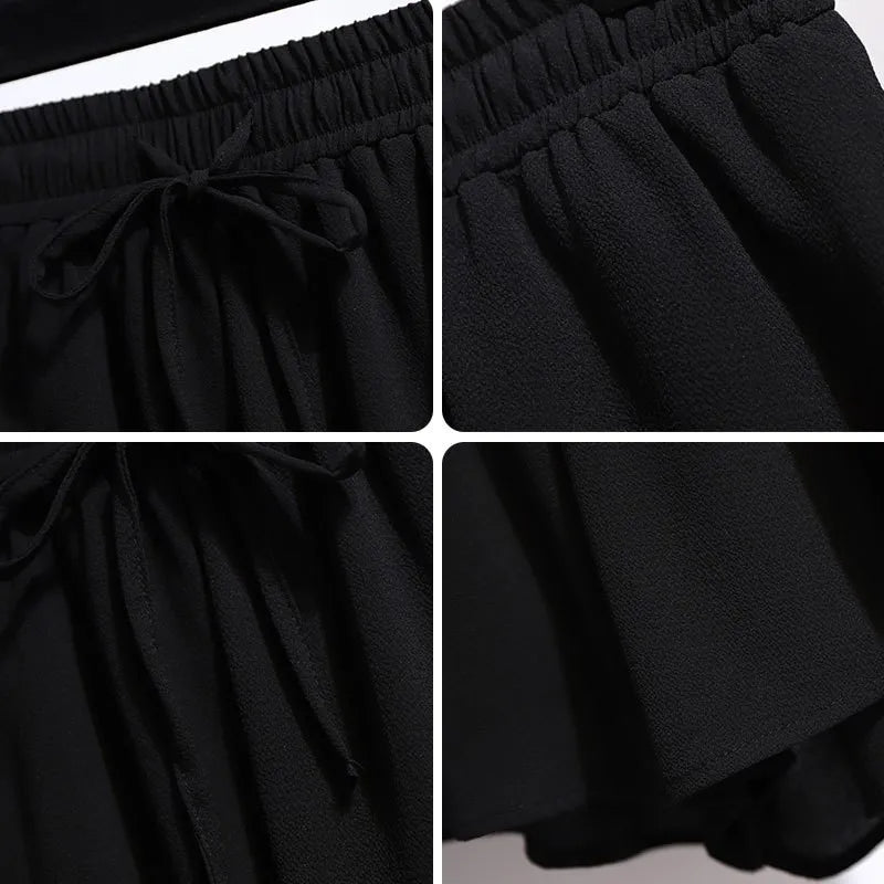 Schwarzer Chiffon-Rock mit elastischem Bund und Kordelzug, Damenmode, elegant und luftig.