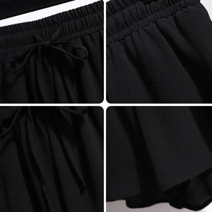 Schwarzer Chiffon-Rock mit elastischem Bund und Kordelzug, Damenmode, elegant und luftig.