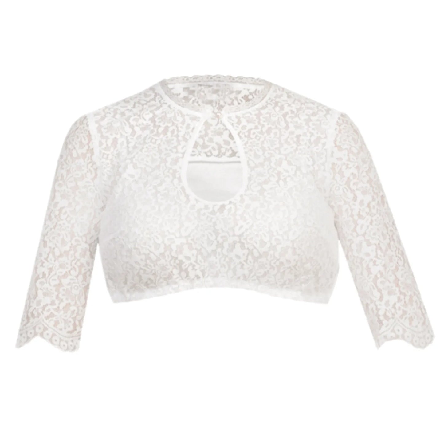 Weiße Spitzenbluse Damen, 3/4-Ärmel, Rundhalsausschnitt, elegant, festlich, Modeaccessoire.