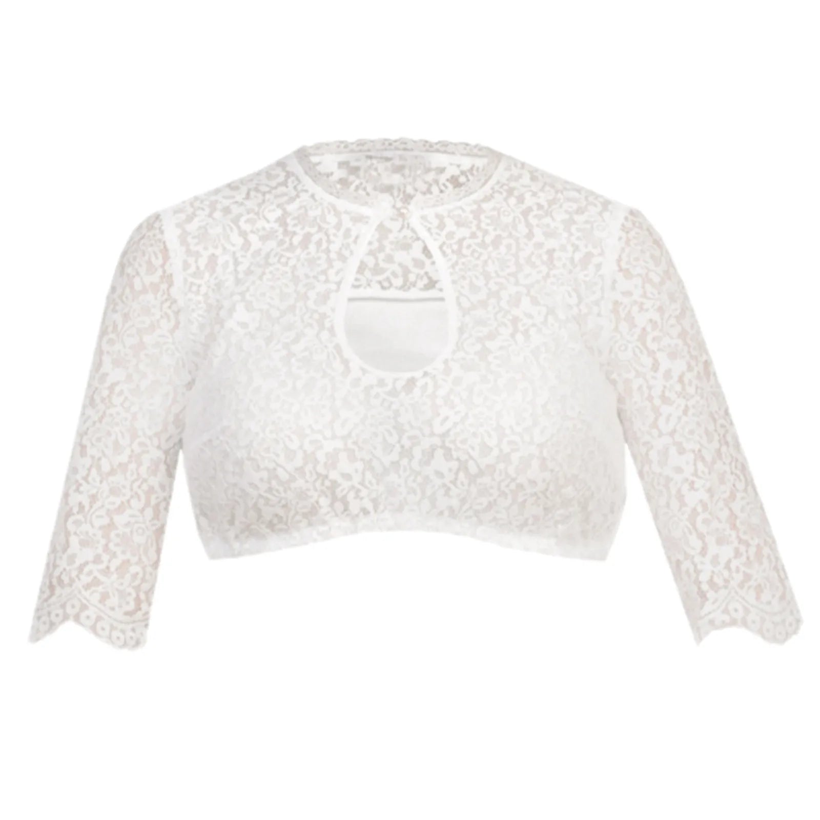 Weiße Spitzenbluse Damen, 3/4-Ärmel, Rundhalsausschnitt, elegant, festlich, Modeaccessoire.