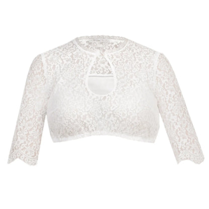 Weiße Spitzenbluse Damen, 3/4-Ärmel, Rundhalsausschnitt, elegant, festlich, Modeaccessoire.