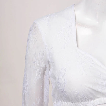 Weiße Spitzenbluse Damen, V-Ausschnitt, langärmlig, elegant, modisch, hochwertig