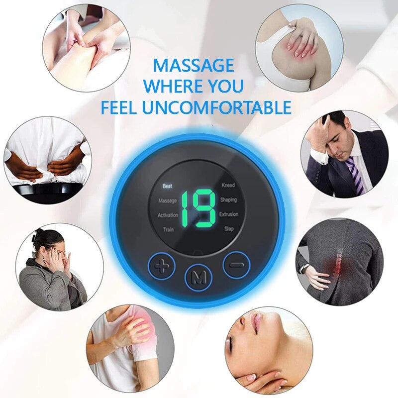Elektronisches Massagegerät, rund, blau, mit digitalem Display, für Schmerzlinderung.