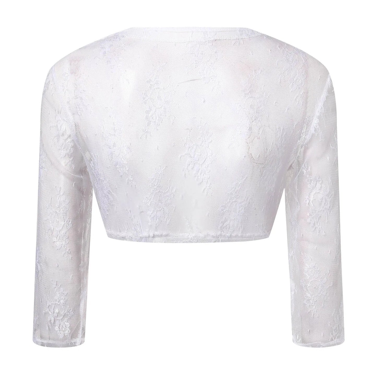 Weißes Spitzen-Bolero-Jäckchen, langärmelig, elegant, Damenmode, festlich, Hochzeit.