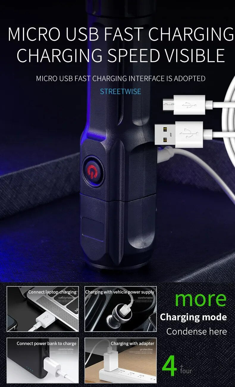 Schwarzes USB-Schnellladegerät mit mehreren Anschlüssen und Kabeln für Auto und Laptop.