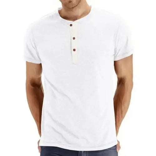 Weißes Herren-Henley-Shirt, Kurzarm, Baumwolle, Knopfleiste, lässig, modisch.