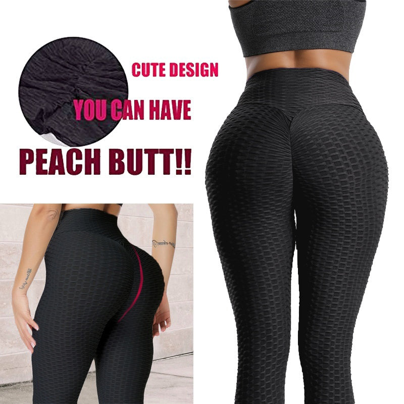 Schwarze, nahtlose Leggings mit hoher Taille, strukturierte Oberfläche, formend, Fitnessmode.