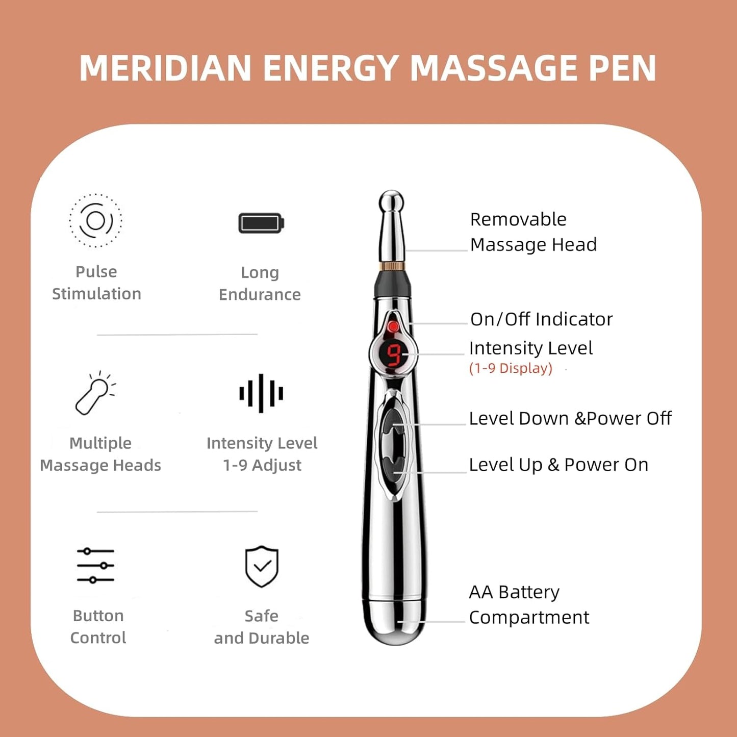 Meridian Energie Massage Stift, silber, einstellbare Intensität, abnehmbarer Kopf, batteriebetrieben.