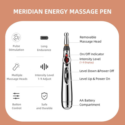 Meridian Energie Massage Stift, silber, einstellbare Intensität, abnehmbarer Kopf, batteriebetrieben.