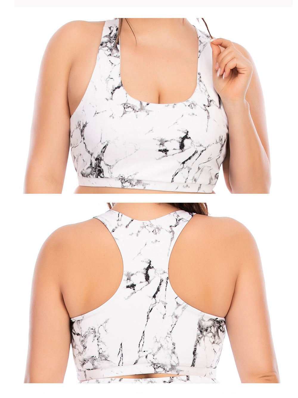 Damen Sport-BH, weiß mit Marmor-Muster, Racerback, Fitnessbekleidung, atmungsaktiv