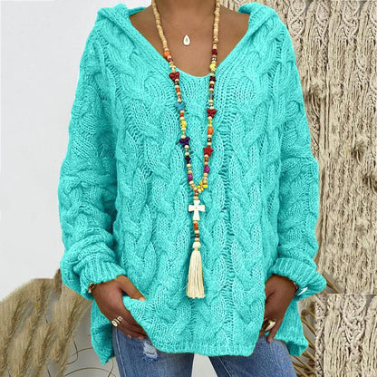 Damen Pullover Strickpullover türkis Zopfmuster, lässig, modisch, Herbstmode, Baumwolle.