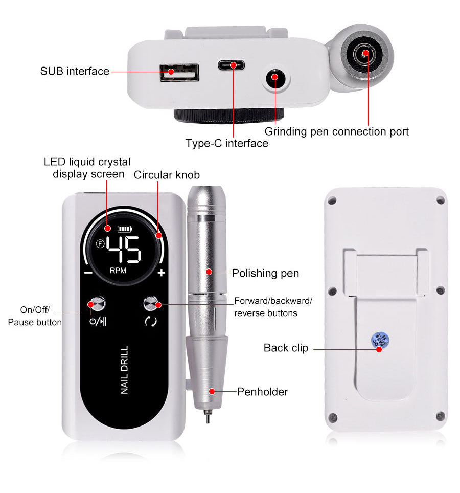 Elektrische Nagelfeile mit LED-Display, Polierstift, USB-C-Anschluss, weißes Design.