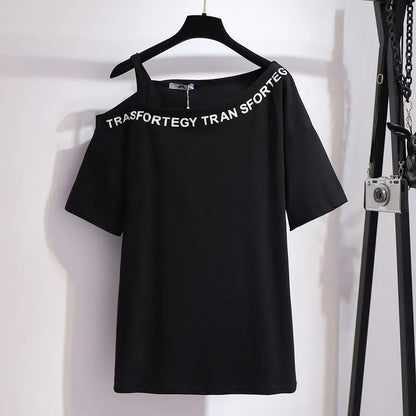 Schwarzes T-Shirt mit Schriftzug, schulterfrei, Damenmode, Baumwolle, lässig, elegant.