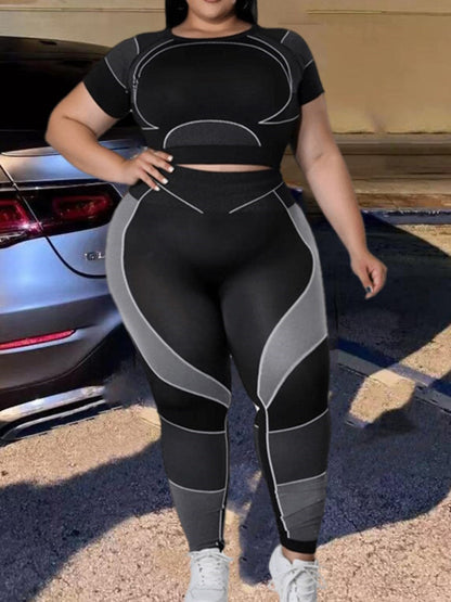 Damen Sport-Set, schwarz-grau, Plus Size, Fitness-Outfit, atmungsaktiv, elastisch.