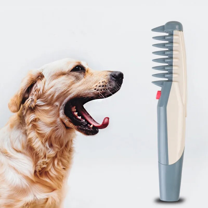 Hundebürste elektrisch, grauweiß, für Fellpflege, neben Golden Retriever, Haustierpflege-Tool.