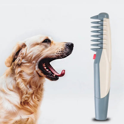 Hundebürste elektrisch, grauweiß, für Fellpflege, neben Golden Retriever, Haustierpflege-Tool.