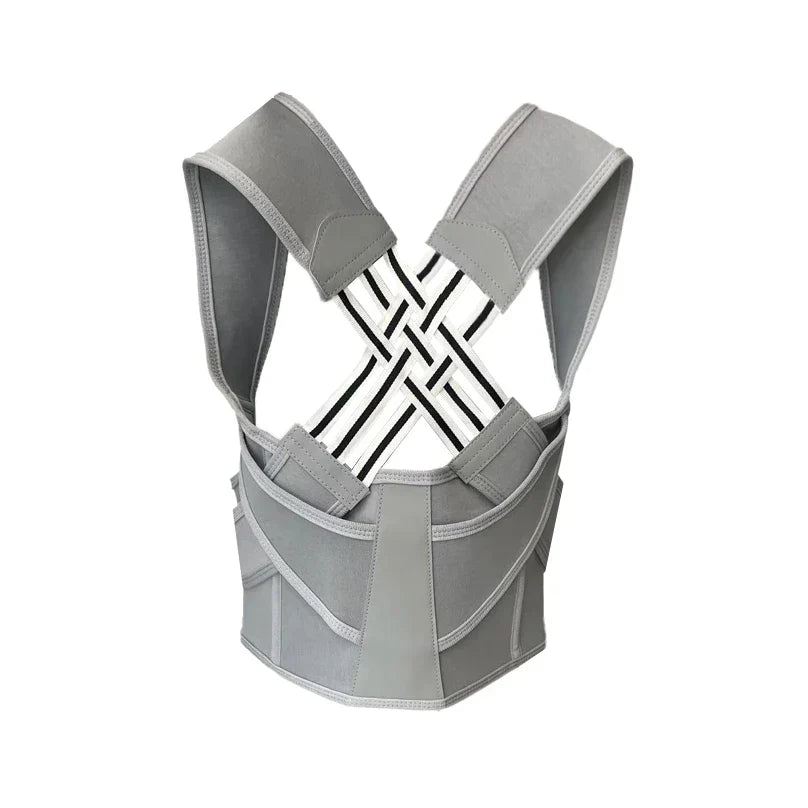 Grauer Rückenstützgürtel mit verstellbaren Trägern, ergonomisches Design für Haltungskorrektur.