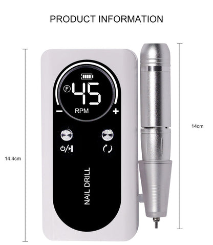 Elektrische Nagelfräse, silber, 45 RPM, tragbar, LCD-Display, Maniküre-Werkzeug.