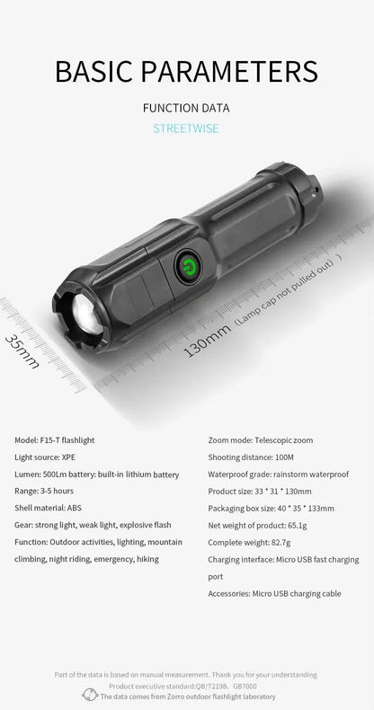 Schwarze LED-Taschenlampe, wasserdicht, Zoom-Modus, Outdoor, 500lm, USB-Ladung, 100m Reichweite.